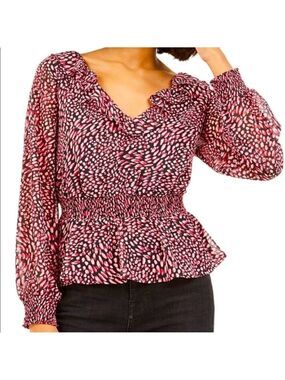 Bar III Red Leopard Peplum V-Neck Top XS